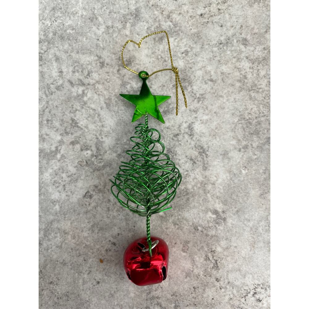 Green Wire Christmas Tree Ornament with Red Metal Bell